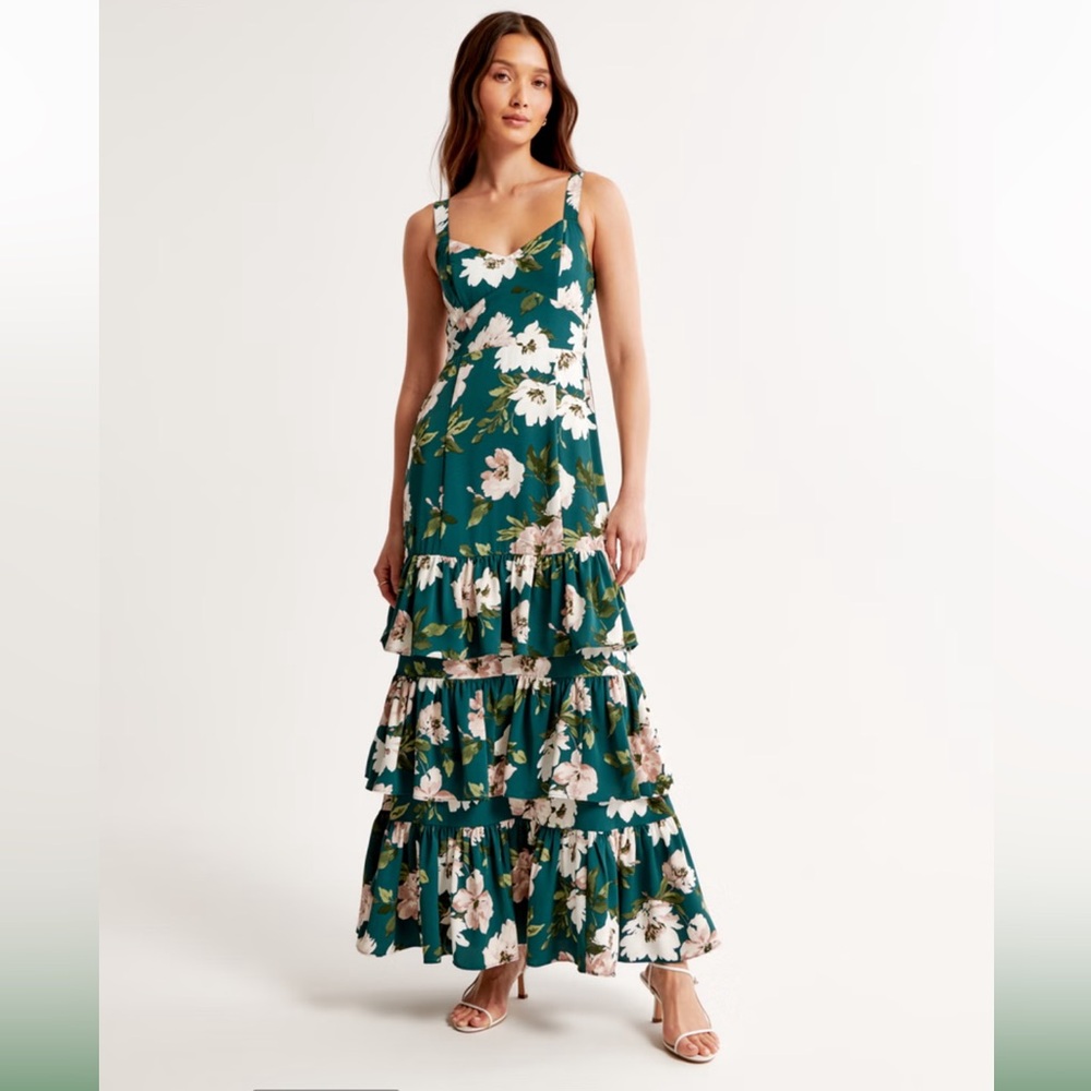 A&F Drama Ruffle Tiered Maxi Dress in Green Floral Sz Large Petite